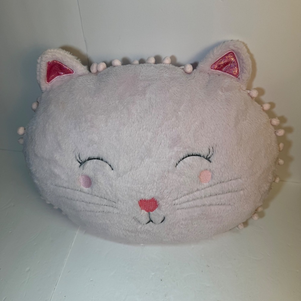 Isaac Mizrahi New York Pink Plush Cat Pillow Pom Pom Trim Decorative Accent